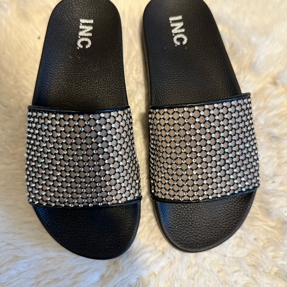 INC International Concepts Black and Silver Slide Sandals
